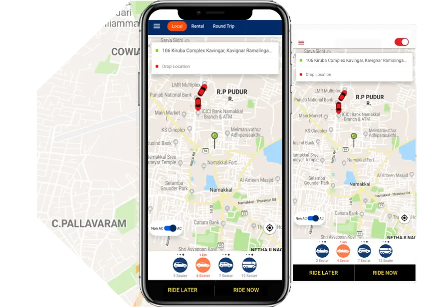 Mobile interface of passenger taxi booking app in India